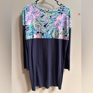 Lilly Pulitzer Finn Long Sleeve Cotton T-Shirt Dress Navy Bermudaful Women’s XS